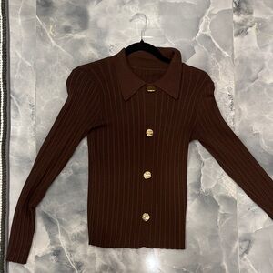 Brown Ribbed Button-Up Sweater